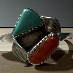Silver Ring with Turquoise and Coral Accents